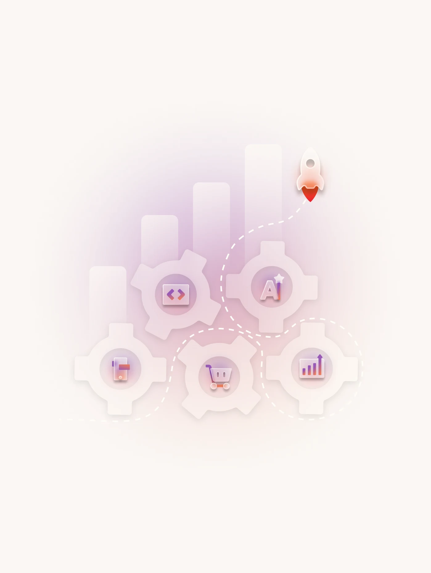 Growth illustration with a rocket, gears and rising bars