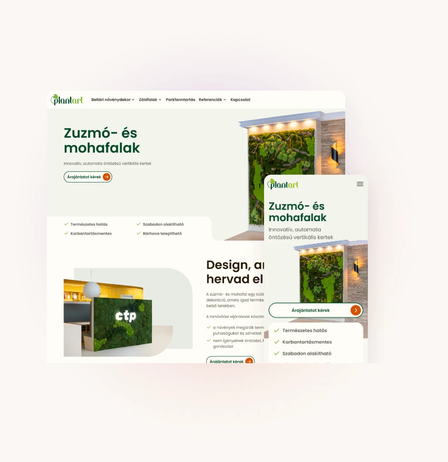 The Plantart lichen and moss wall landing page on desktop and mobile