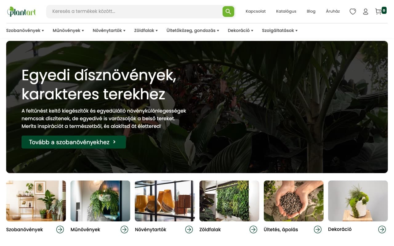 A Plantart webshop nyitóoldala