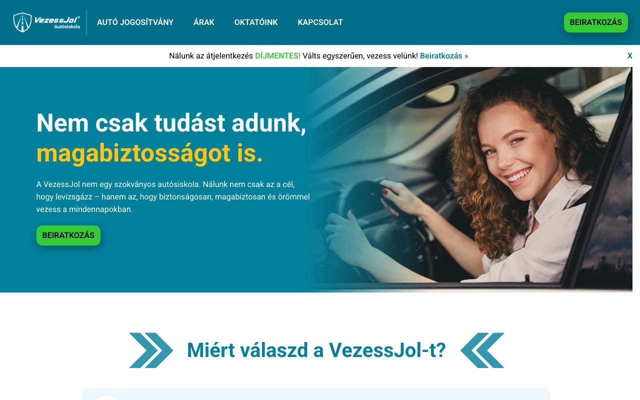 A VezessJól Autósiskola főoldala