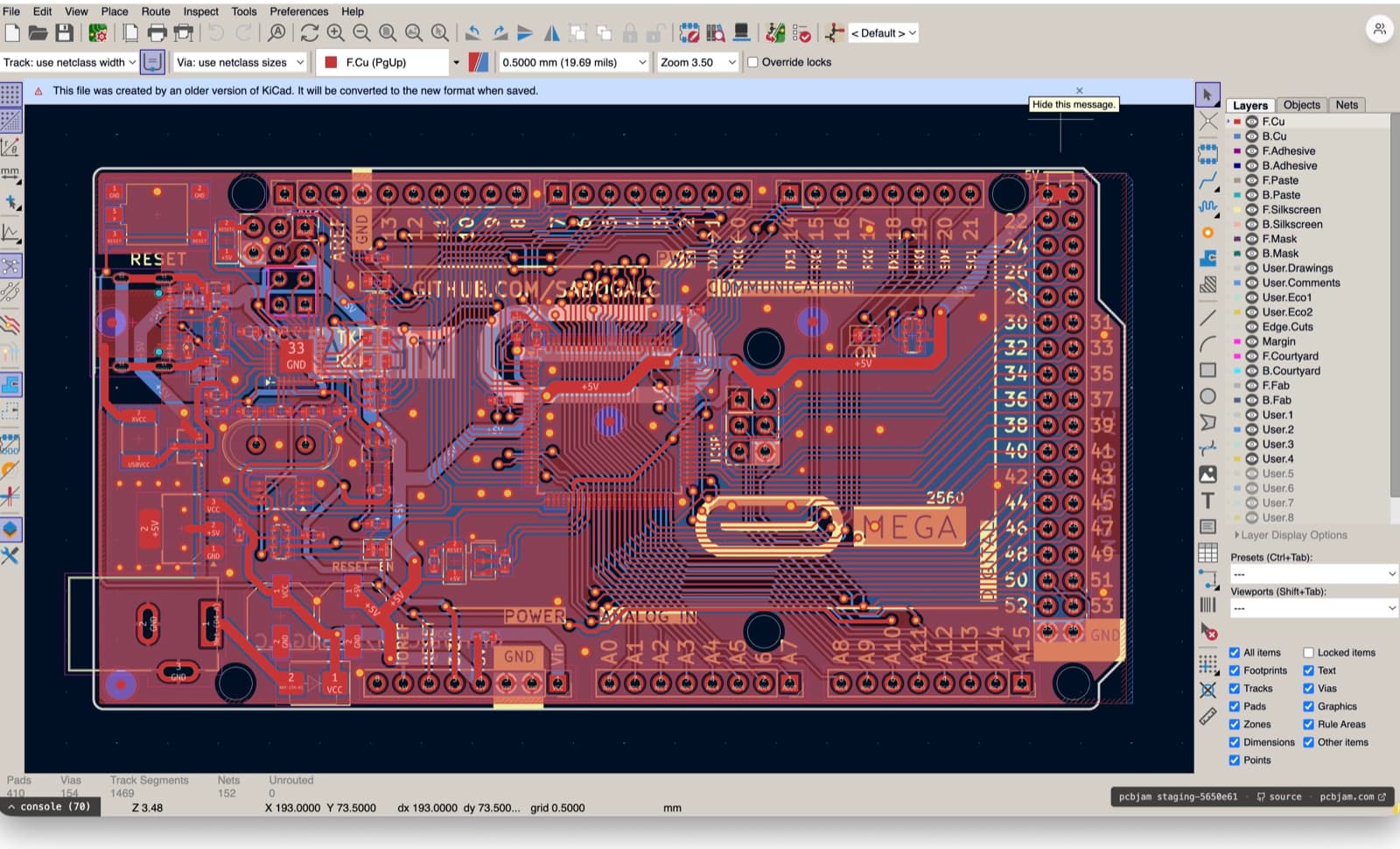 PCBJam: KiCad's PCB editor running in a browser tab, editing an Arduino Mega 2560 board